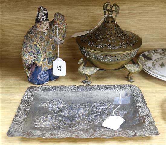 A Japanese painted wood Kabuki doll, a brass censer on crane supports and a chrysanthemum-embossed metal tray (3) censer height 22cm